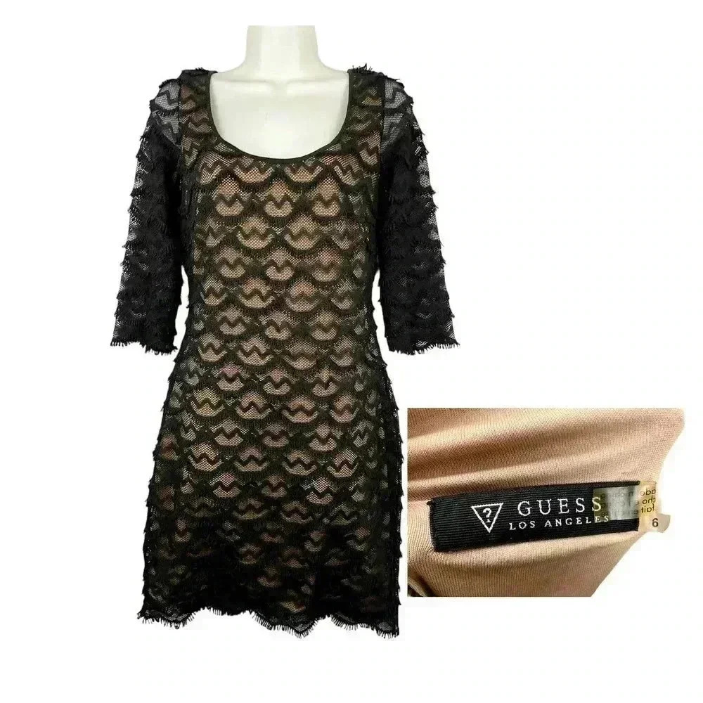 Guess Los Angeles Black Dress Sz 6‎ Scallop Nude Lace Scoop Neck Bodycon